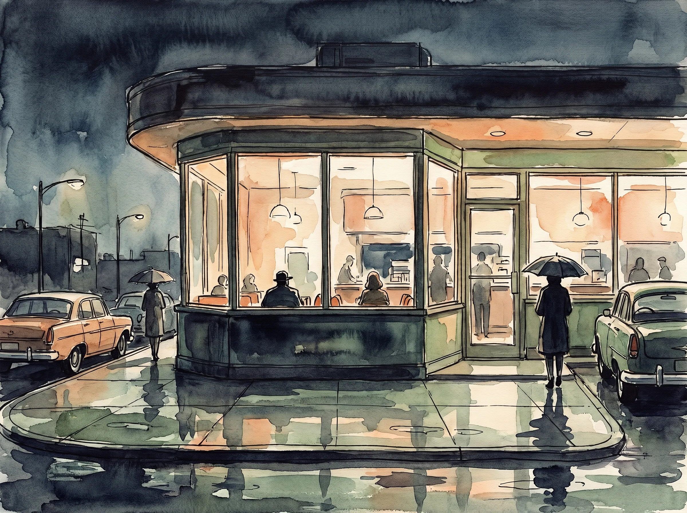 A classic American roadside diner glowing warm against a cool evening, viewed from across a wet sidewalk, painted in ink and watercolor.