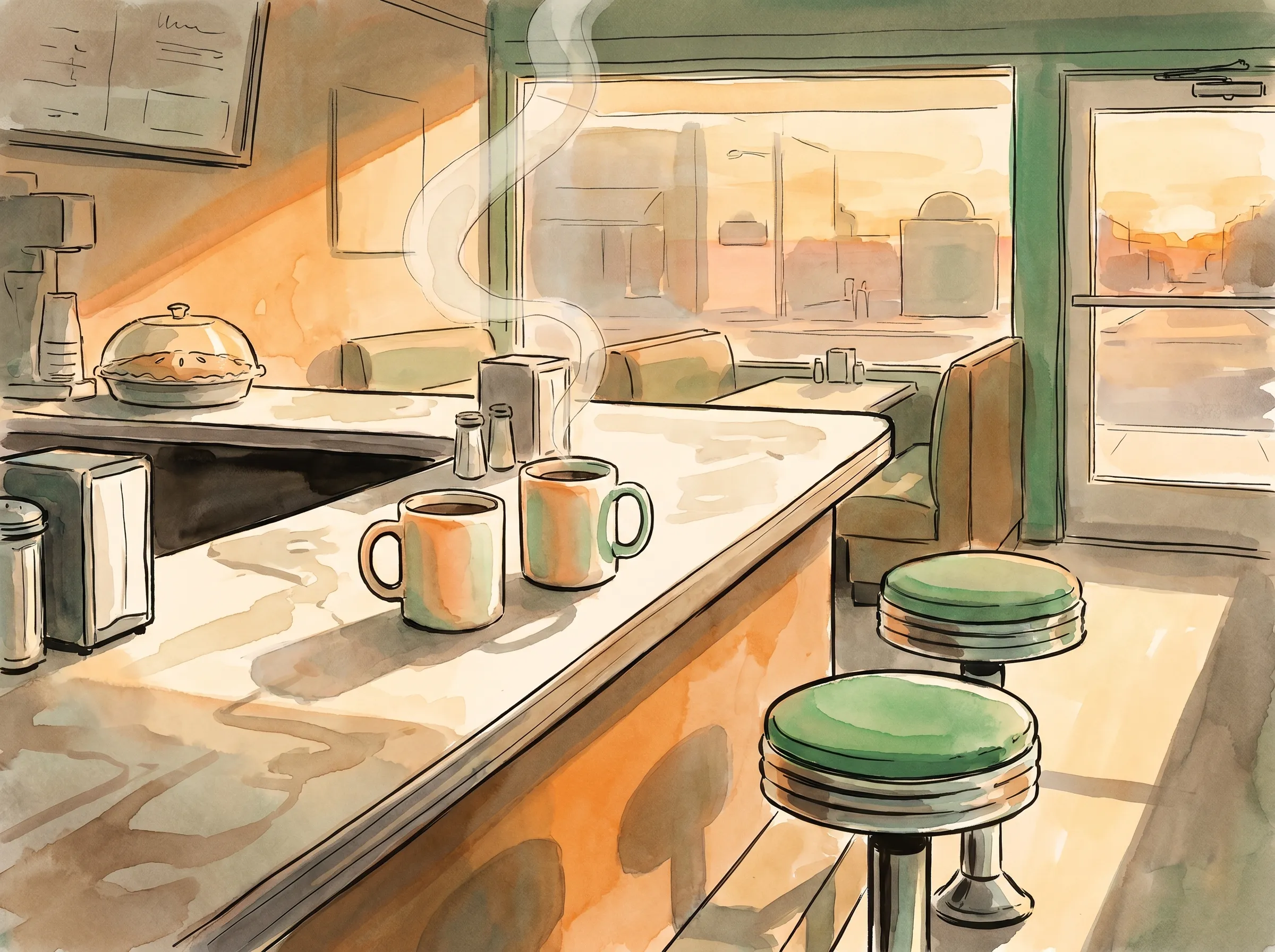 Um balcão clássico de uma lanchonete diner americana iluminado pela luz quente do entardecer, duas canecas de cerâmica lado a lado no balcão gasto com dois bancos vazios em frente à janela, pintado em tinta e aquarela.