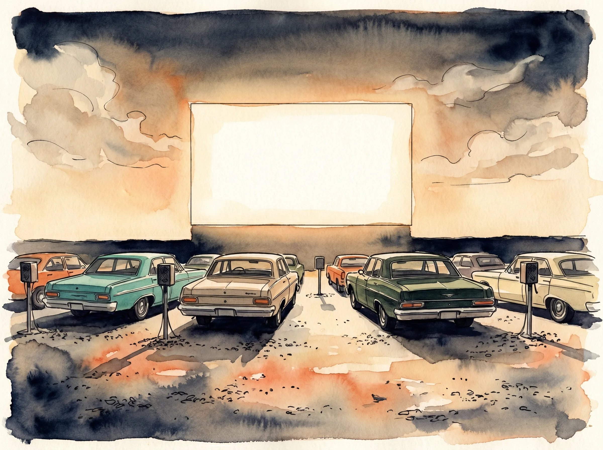 A vintage American drive-in theater at dusk, a large blank glowing white screen against a deep cream-and-orange sky, classic 1960s sedans parked in rows facing the screen, metal speaker posts standing in the gravel, painted in ink and watercolor.