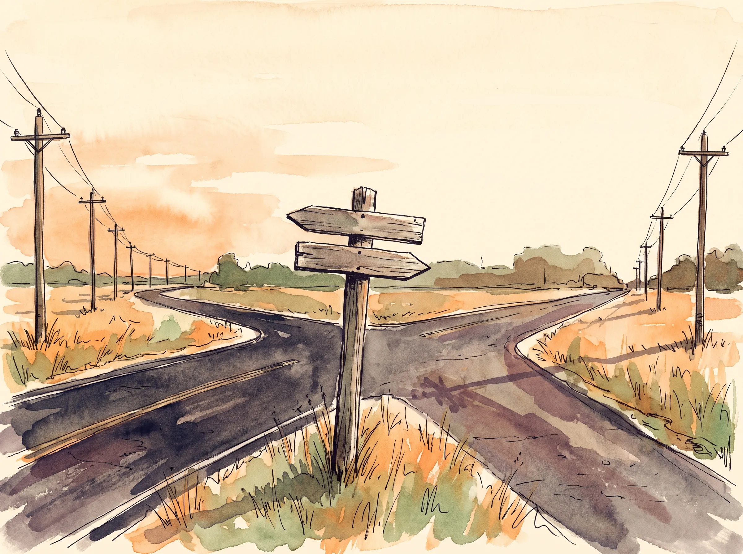 A rural American two-lane road splitting into a Y-fork at dusk, an old blank wooden signpost pointing left and right at the divide, long shadows across the asphalt, painted in ink and watercolor.
