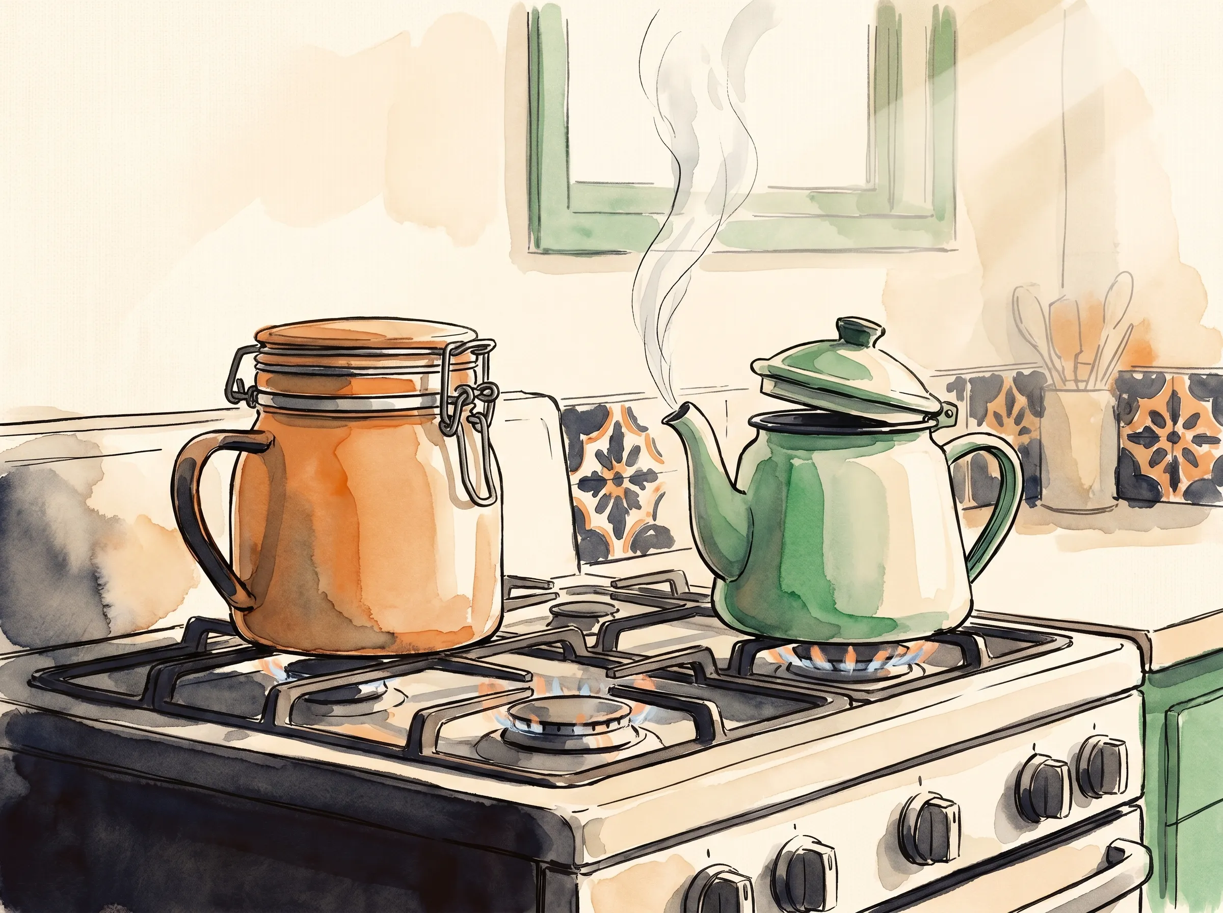 ภาพวาดสีน้ำและหมึก รูปกาน้ำเคลือบอีนาเมลสองใบวางบนเตาที่ร้อน ใบหนึ่งปิดฝาสนิทไม่มีเสียง อีกใบมีไอน้ำเส้นบางลอดผ่านพวยกาที่เปิดแง้มไว้เพียงเล็กน้อย