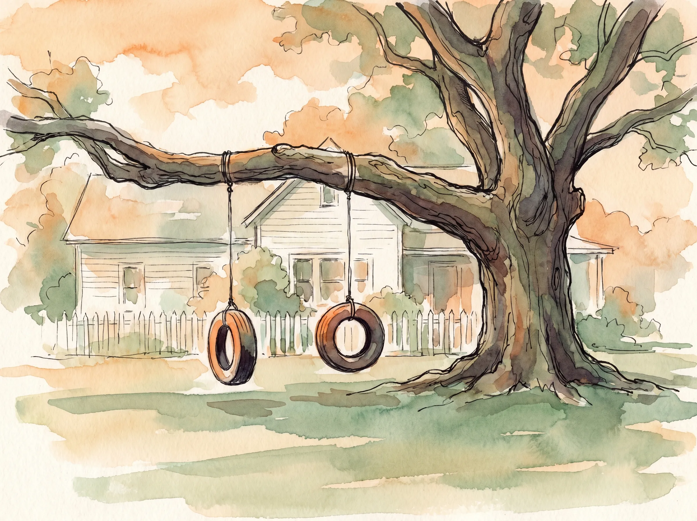 Dois balanços de pneu em cordas pendurados lado a lado no mesmo galho de carvalho em um quintal, com um balanço visivelmente mais baixo que o outro, e uma casa de tábuas brancas ao fundo; pintura em tinta e aquarela.