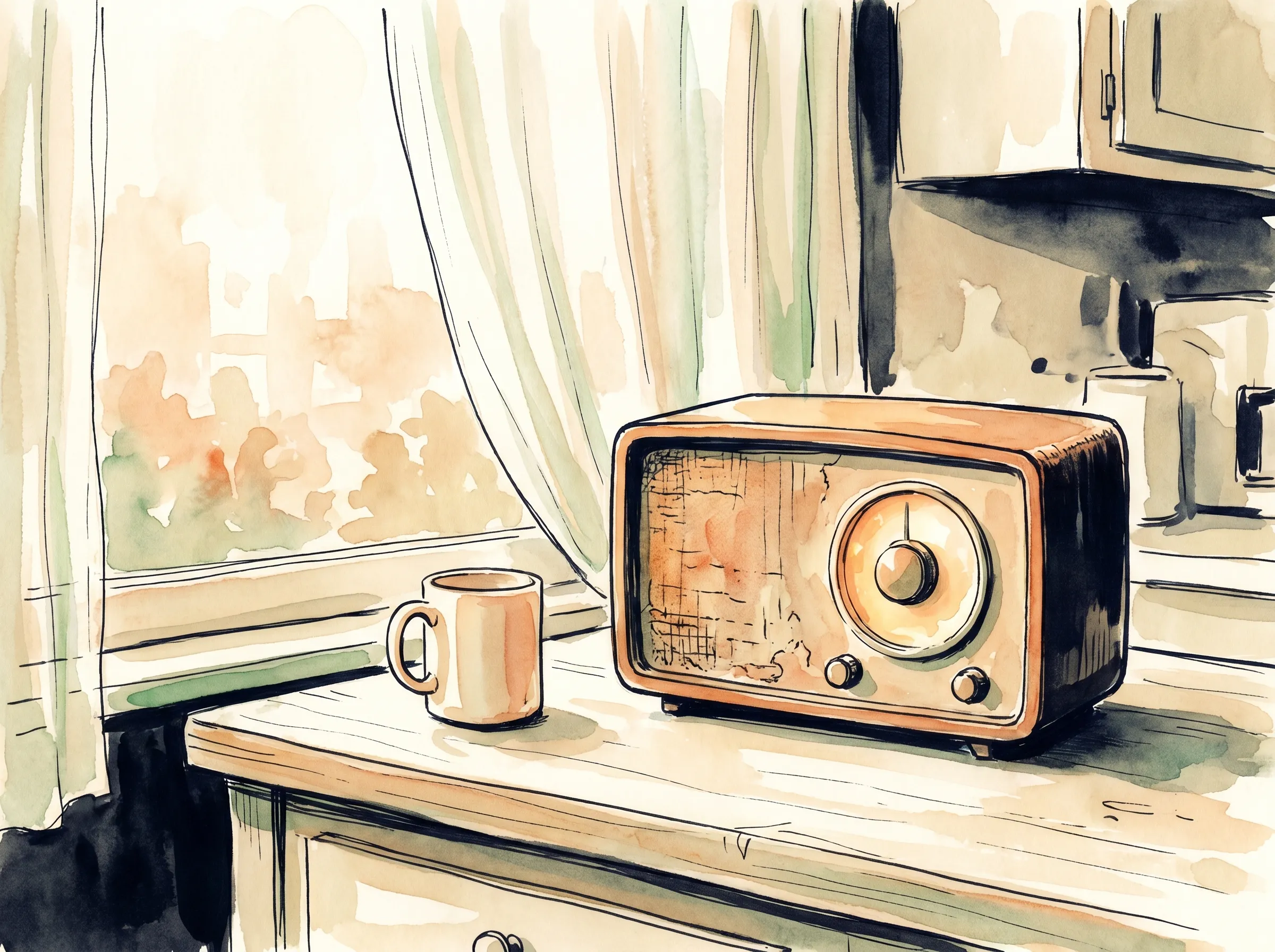 A small mid-century tabletop radio on a kitchen windowsill at early morning, its dial softly lit and its speaker grille worn, a single coffee mug beside it and gauzy light through the curtain, painted in ink and watercolor.