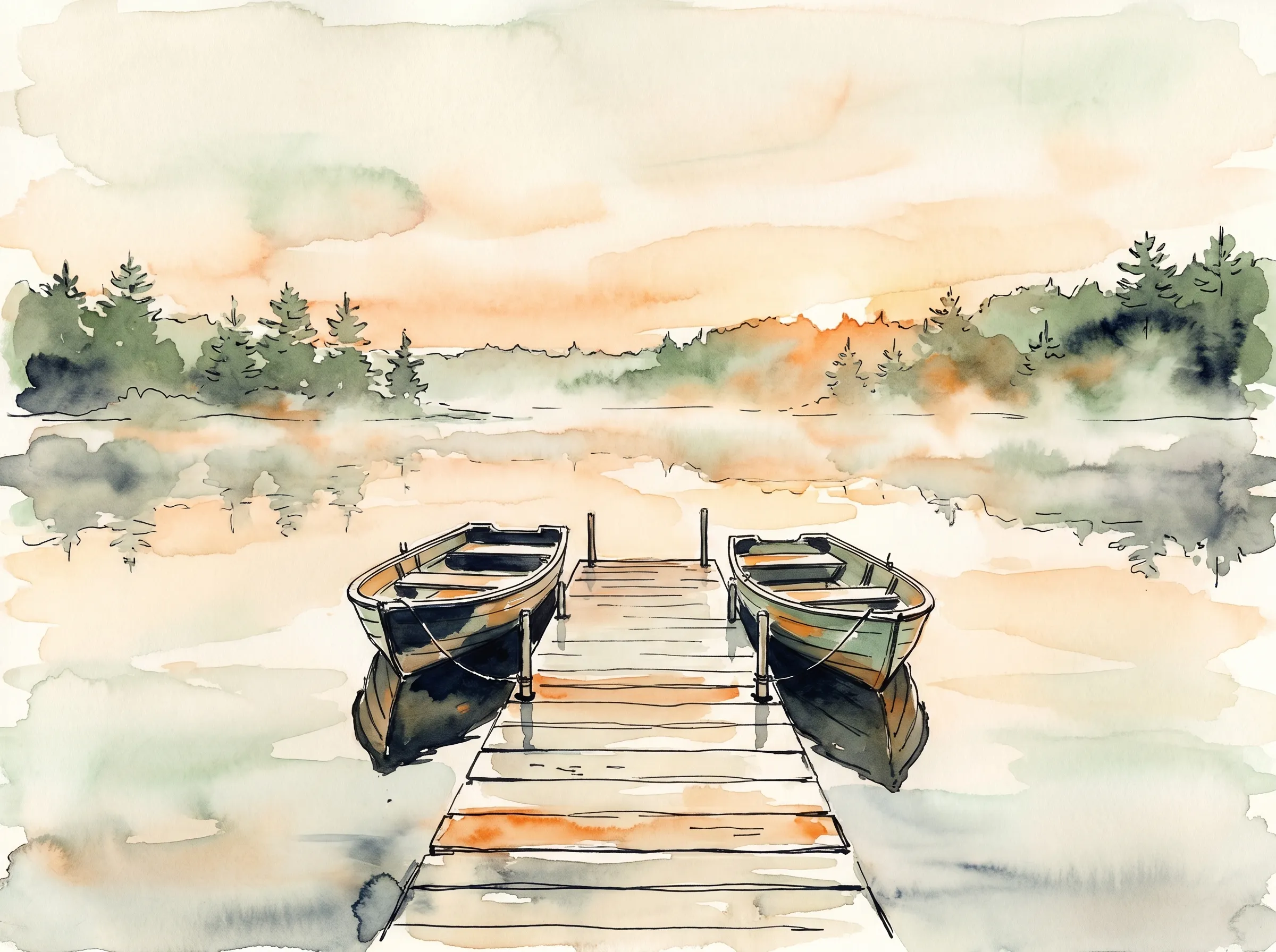 Dois barcos a remo quase idênticos atracados lado a lado no fim de um píer de madeira envelhecida em um lago calmo ao amanhecer, com a névoa matinal subindo da água, pintado em tinta e aquarela.