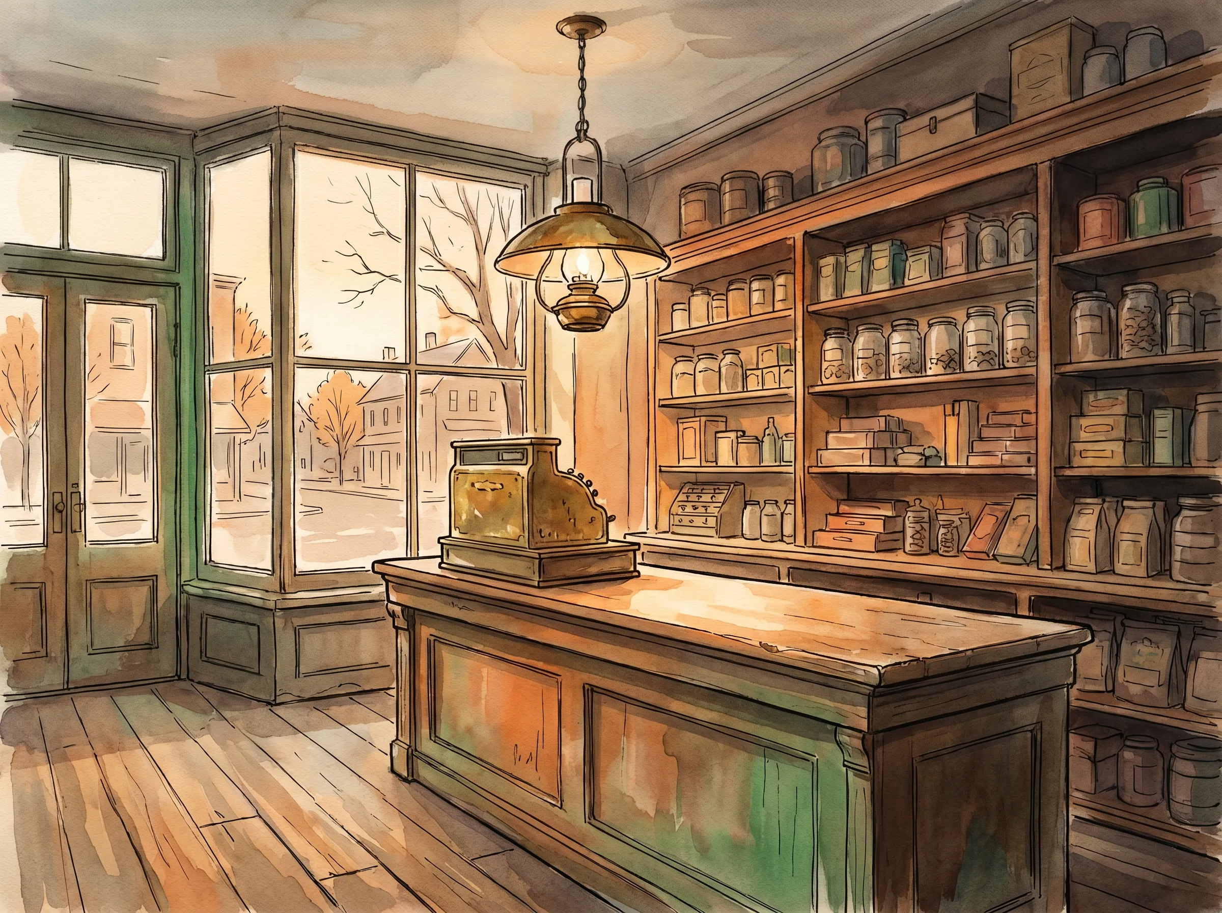 A New England general store at dusk in autumn, a worn wooden counter and an old brass cash register, shelves of unlabeled jars and goods fading into warm shadow, a single hanging lamp glowing, painted in ink and watercolor.