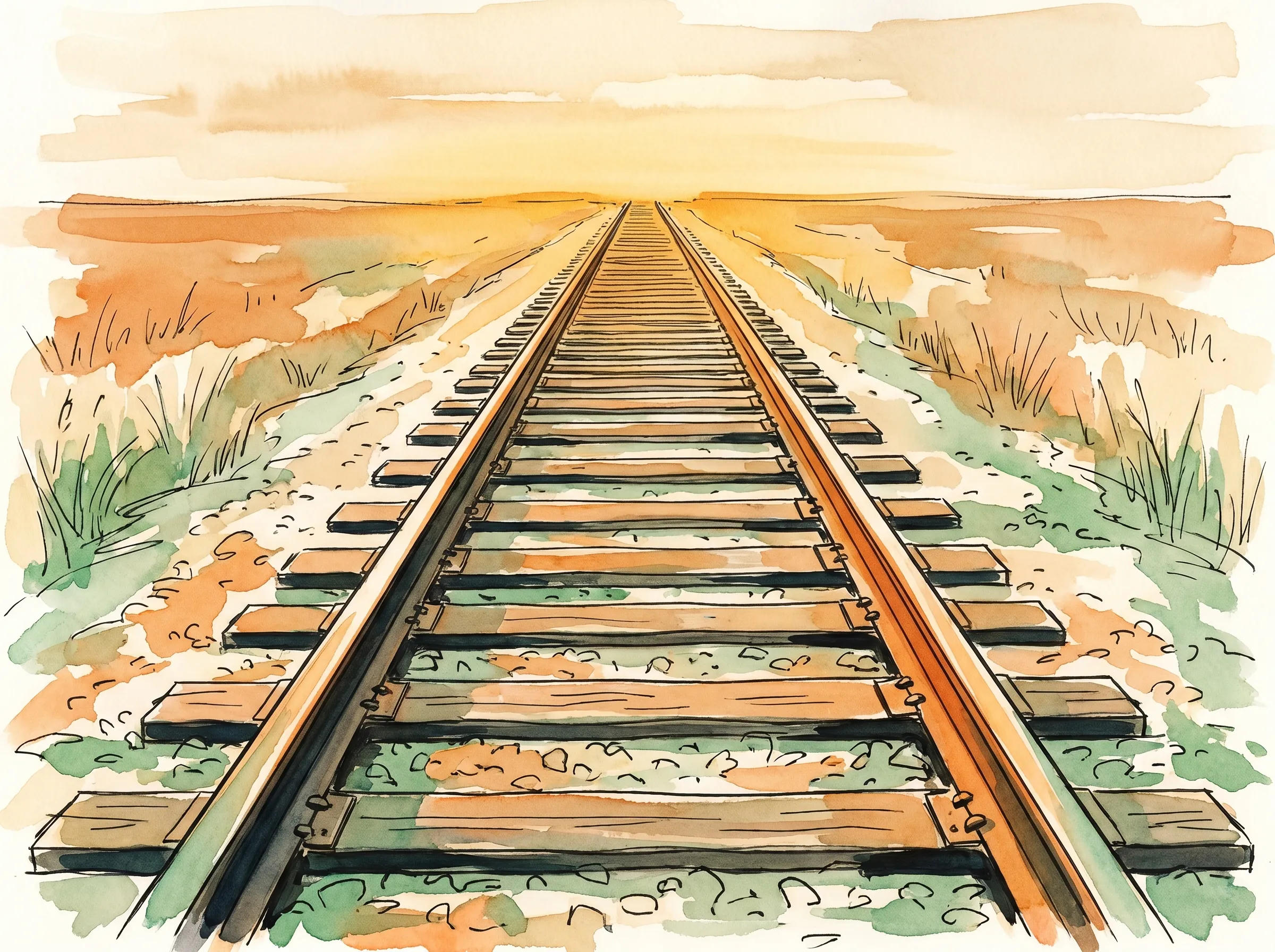A straight American railroad track receding to a glowing horizon at sunset, the wooden cross-ties evenly spaced in the foreground and bunching closer and closer together as they recede toward the vanishing point, painted in ink and watercolor.