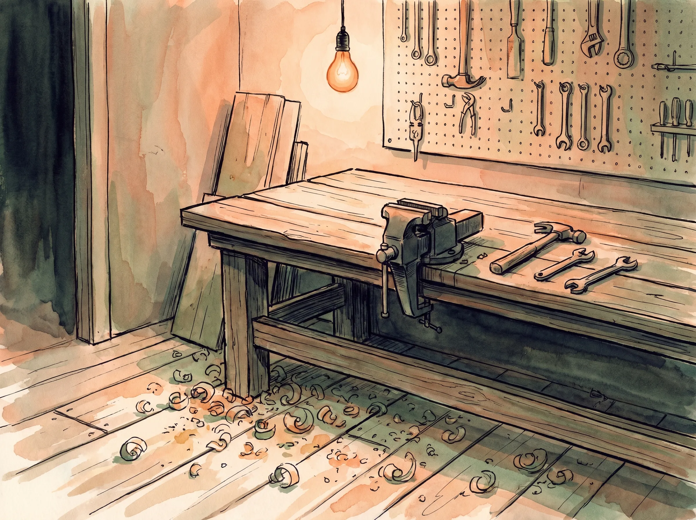 A weathered American workshop interior at early dawn, a heavy wooden workbench with a hand vise and worn hand tools, a single warm work-light glowing above, curled wood shavings on the plank floor and a pegboard of tools fading into shadow, painted in ink and watercolor.