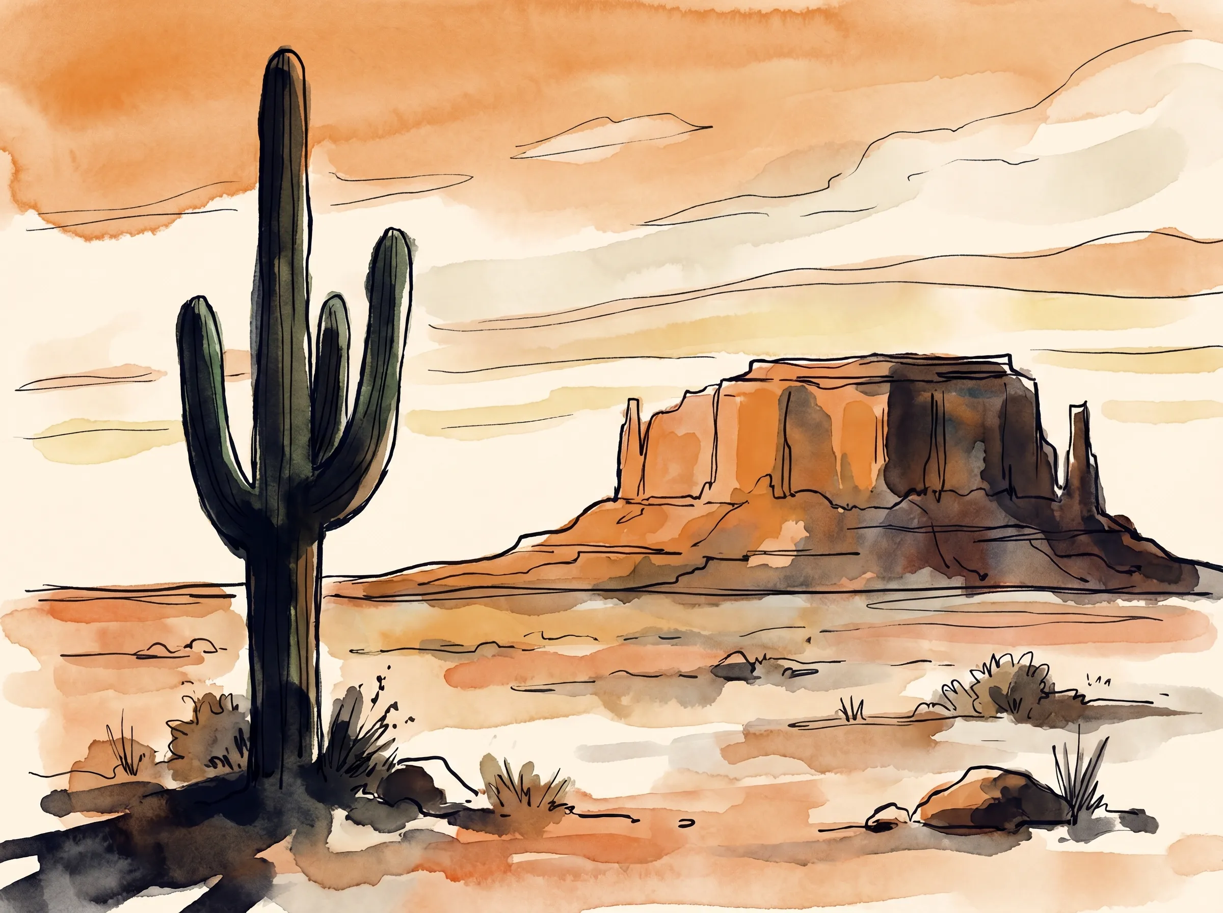 A saguaro cactus silhouetted against an orange-and-cream desert sunset sky, with a distant mesa, painted in ink and watercolor.