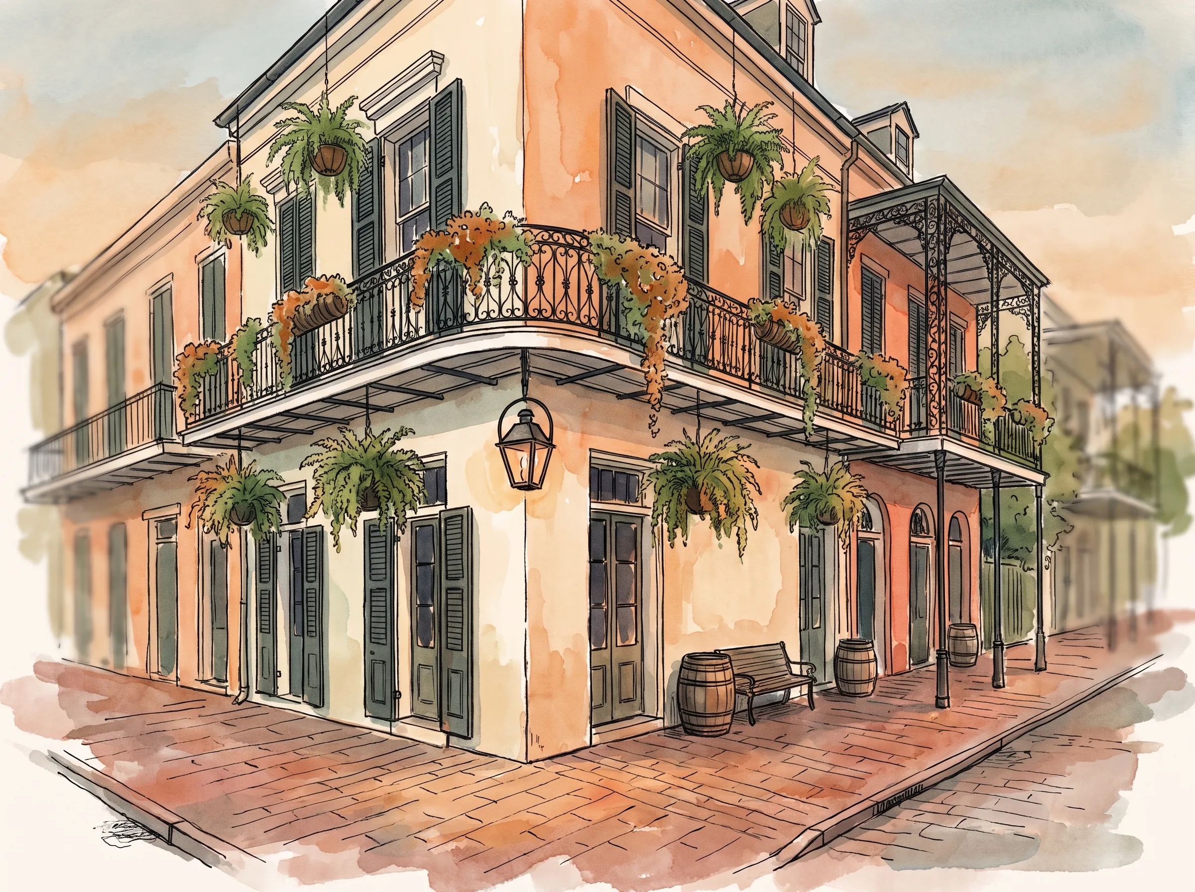 A quiet New Orleans French Quarter street corner at golden hour, wrought-iron balconies with hanging ferns above pastel stucco facades and a glowing gas lantern, painted in ink and watercolor.