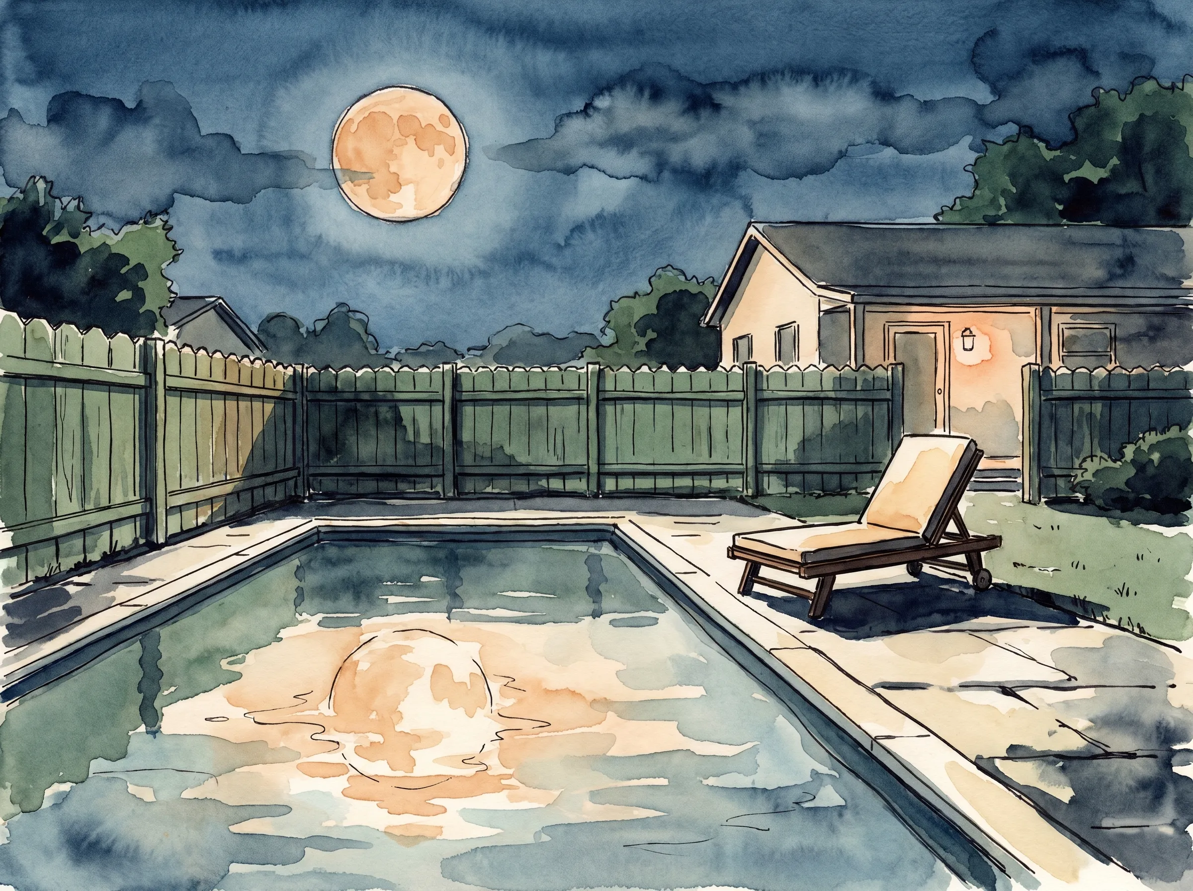 Uma piscina de quintal numa noite de verão com uma lua cheia acima e seu reflexo ondulante flutuando na água calma, uma cadeira de praia e cerca de madeira na borda, pintado em tinta e aquarela.
