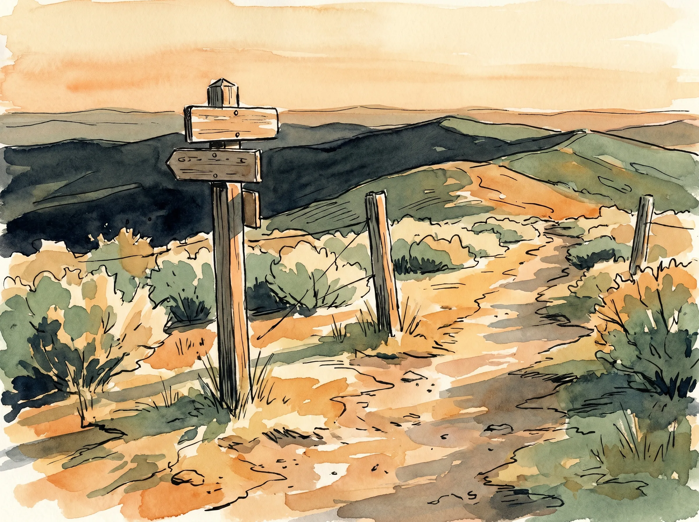 A wooden trail marker on a high saddle between two Appalachian ridges in late afternoon, golden sun across a worn path, distant ridgelines stretching to the horizon, painted in ink and watercolor.