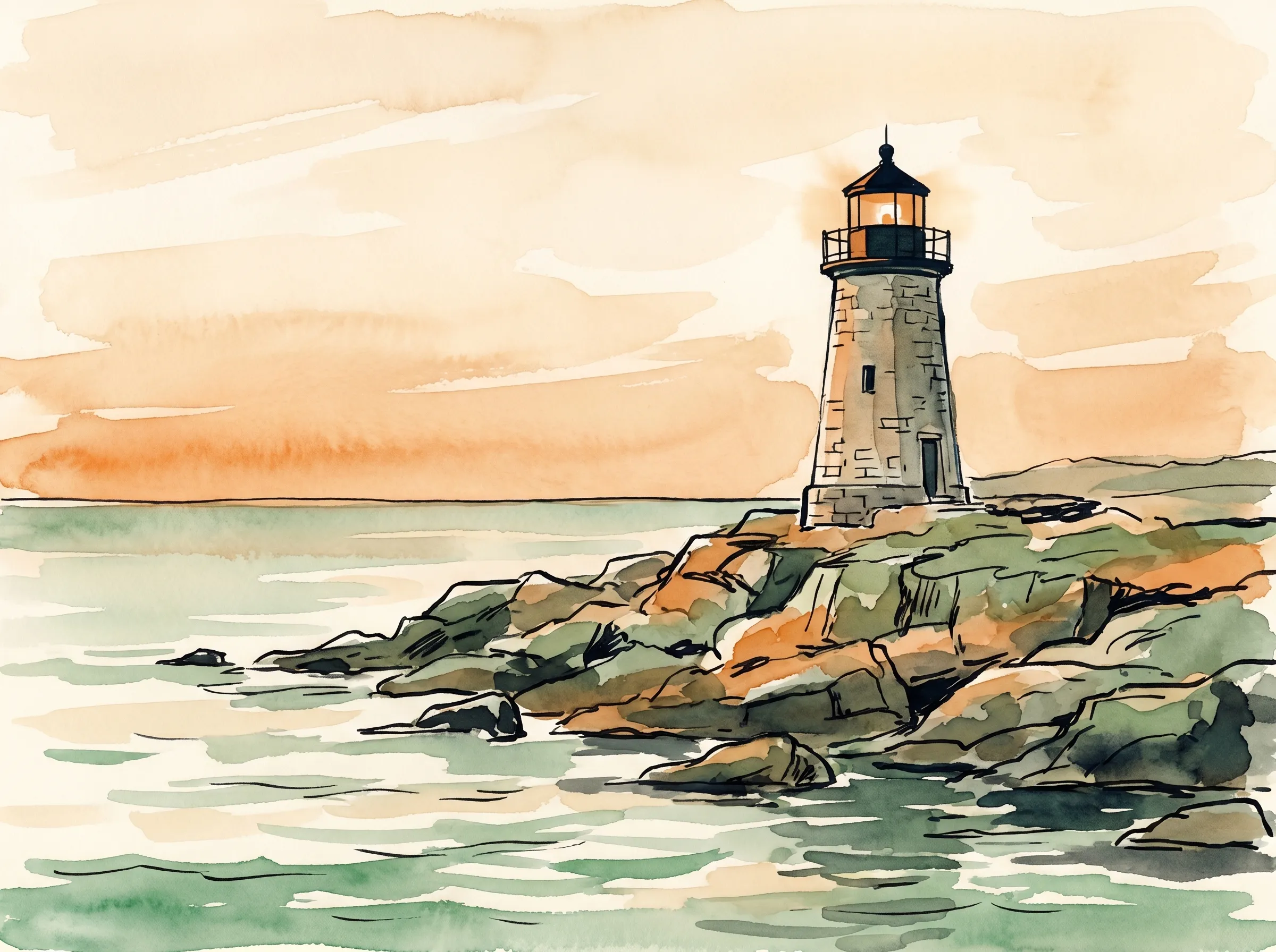 A New England lighthouse on a weathered rocky coast at dusk, lamp just beginning to glow against a soft cream-and-orange sky, with calm sea in the foreground and the long line of the horizon stretching out, painted in ink and watercolor.
