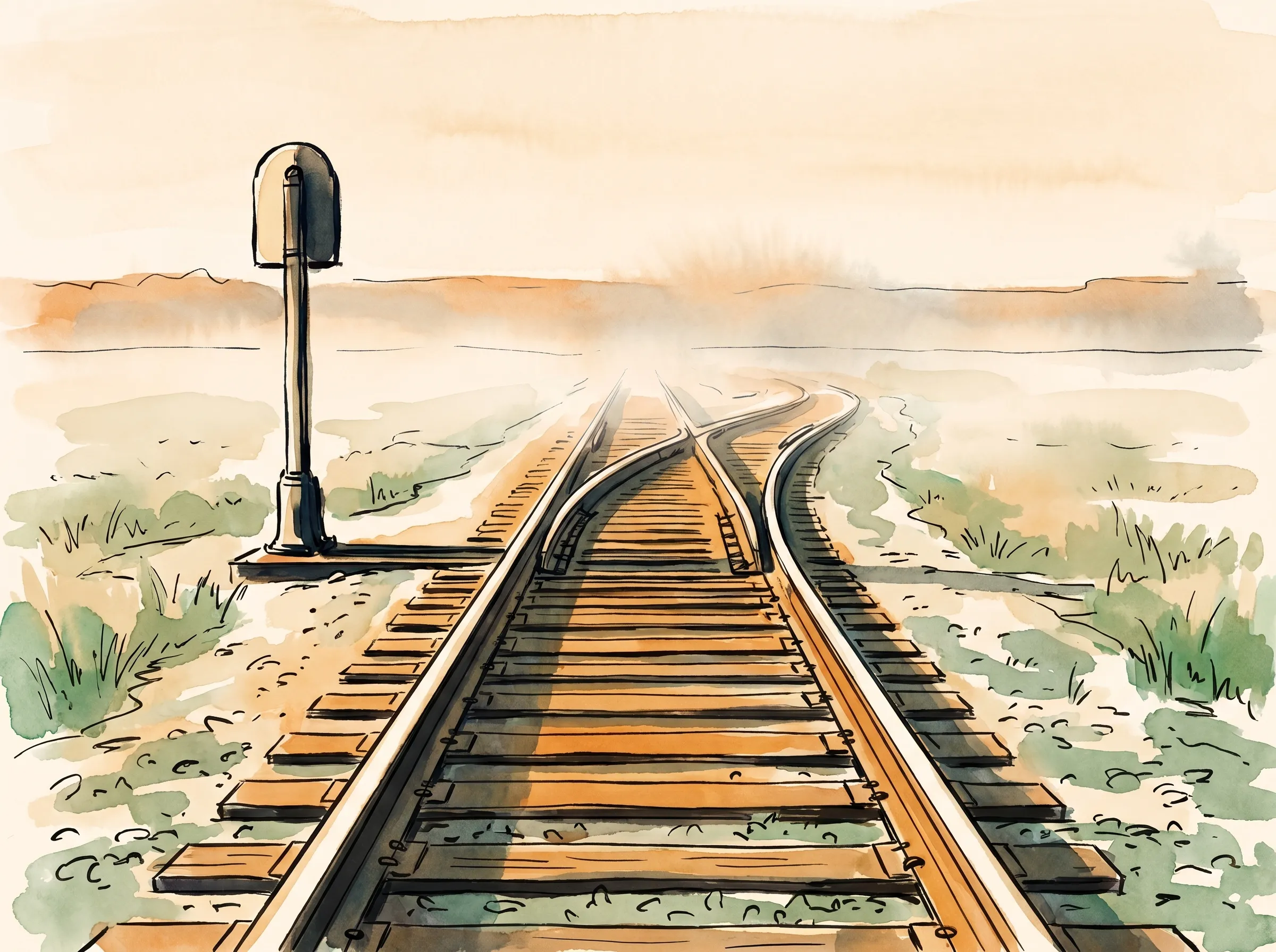 Um cruzamento ferroviário americano silencioso no início da manhã, com dois trilhos de aço correndo lado a lado em direção a um desvio suave, um único poste de sinalização ao lado, luz dourada e névoa fina, pintado em nanquim e aquarela.