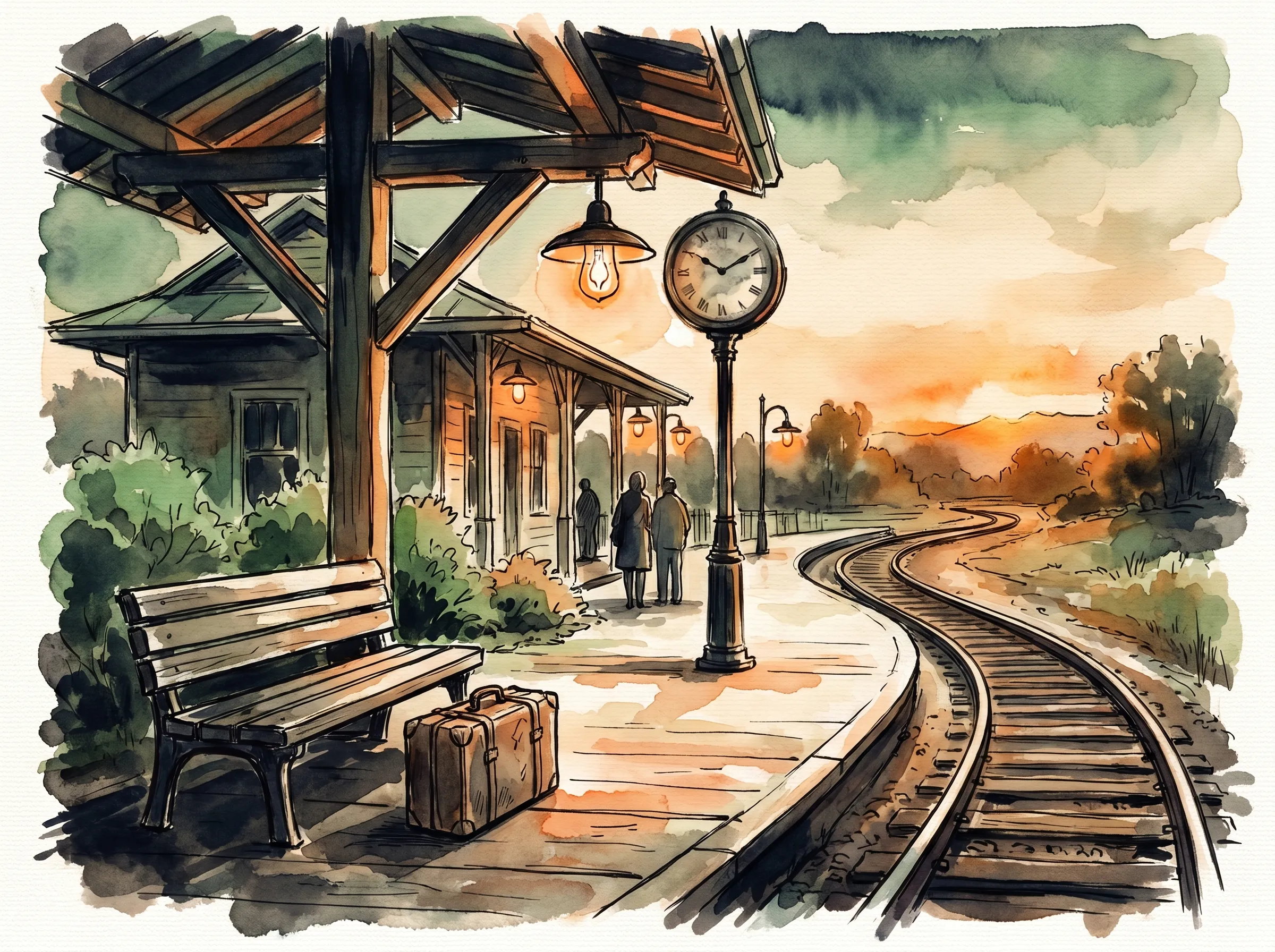 A small-town American train station platform at dusk, a single track curving toward warm orange light on the horizon, a suitcase resting beside a wooden bench under the canopy, painted in ink and watercolor.