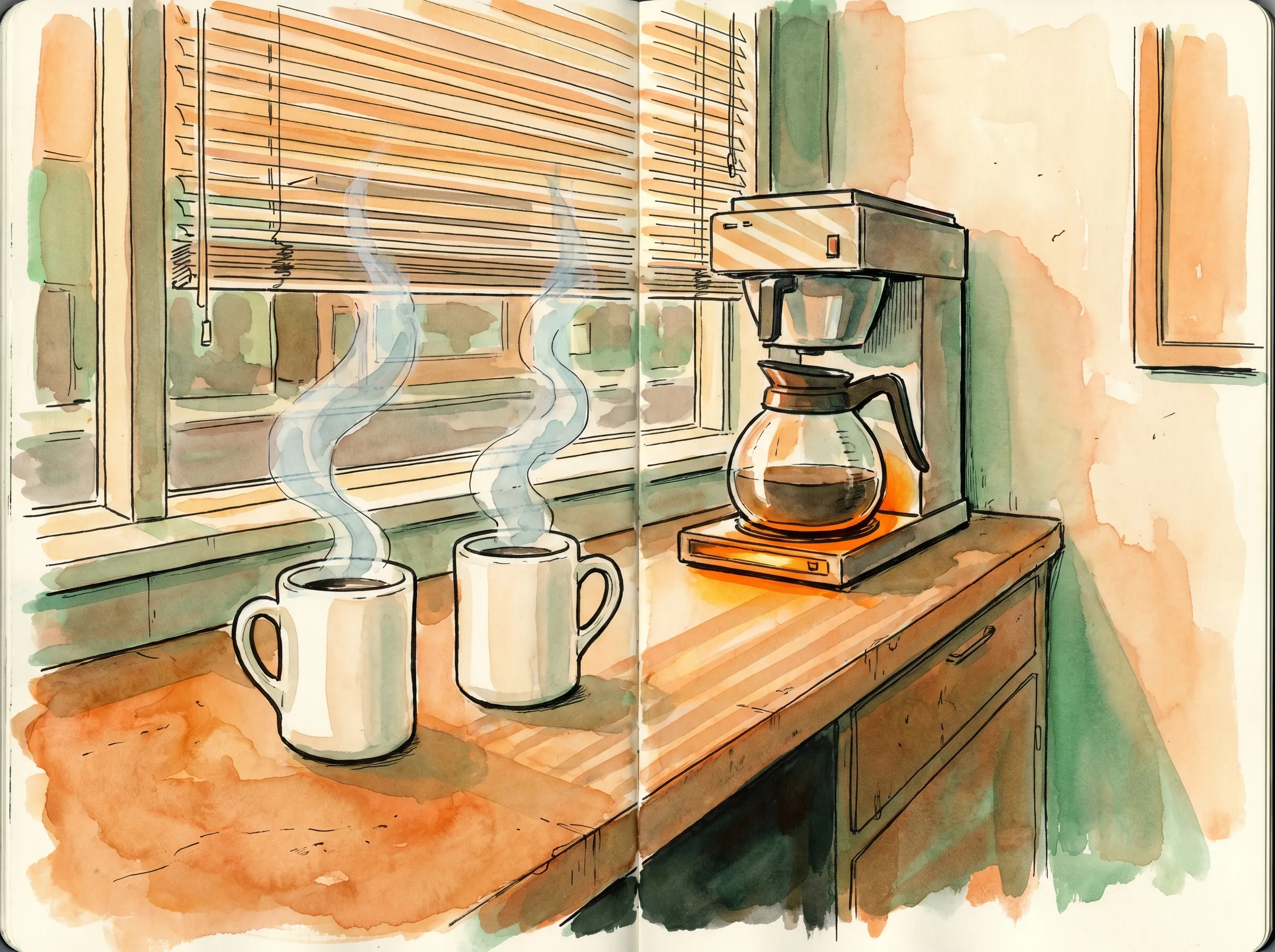 Um balcão clássico de diner americano sob a luz do início da manhã, duas canecas brancas e idênticas de café fumegando lado a lado sobre a fórmica, o sol entrando pelas persianas, pintado em tinta e aquarela.