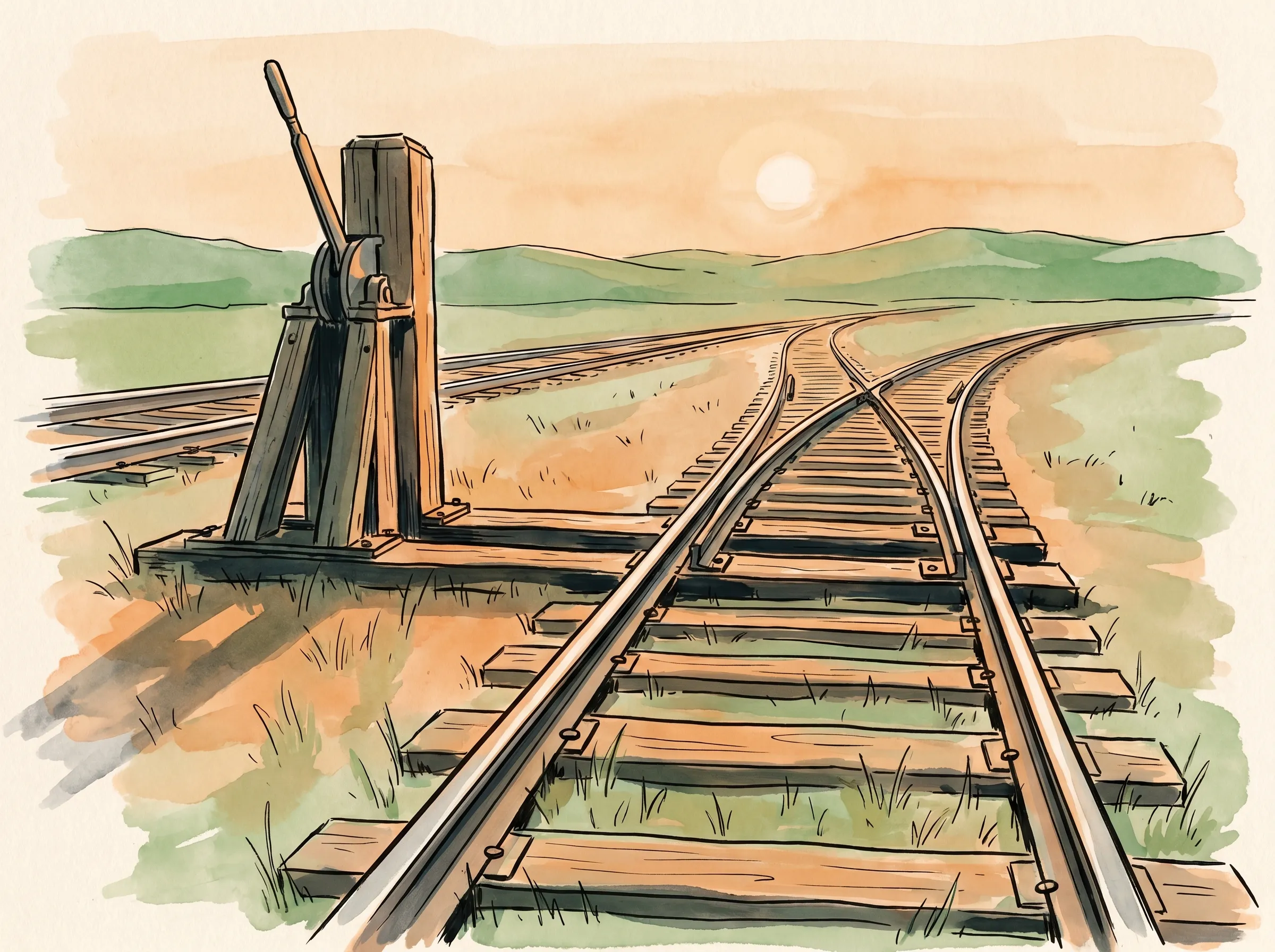 A railroad switch on an American rail yard at golden hour, two sets of steel tracks splitting away from a single line through a wooden switch stand, dry grass between the ties and low hills beyond, painted in ink and watercolor.