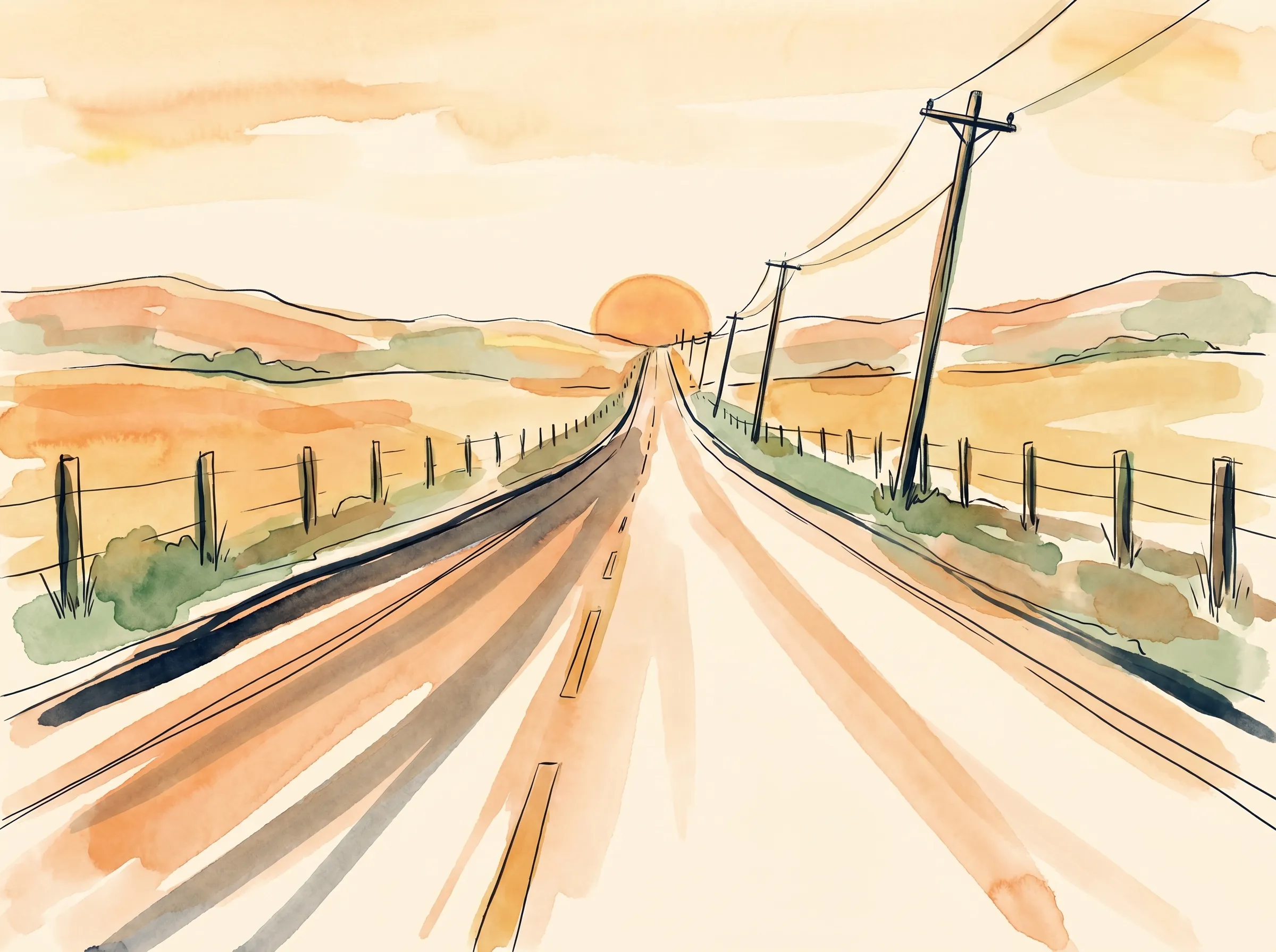 Uma estrada de duas pistas em meio a colinas douradas ao entardecer, estreitando-se até um único ponto no horizonte onde um sol baixo e redondo se põe exatamente no fim da pista, pintado em tinta e aquarela.