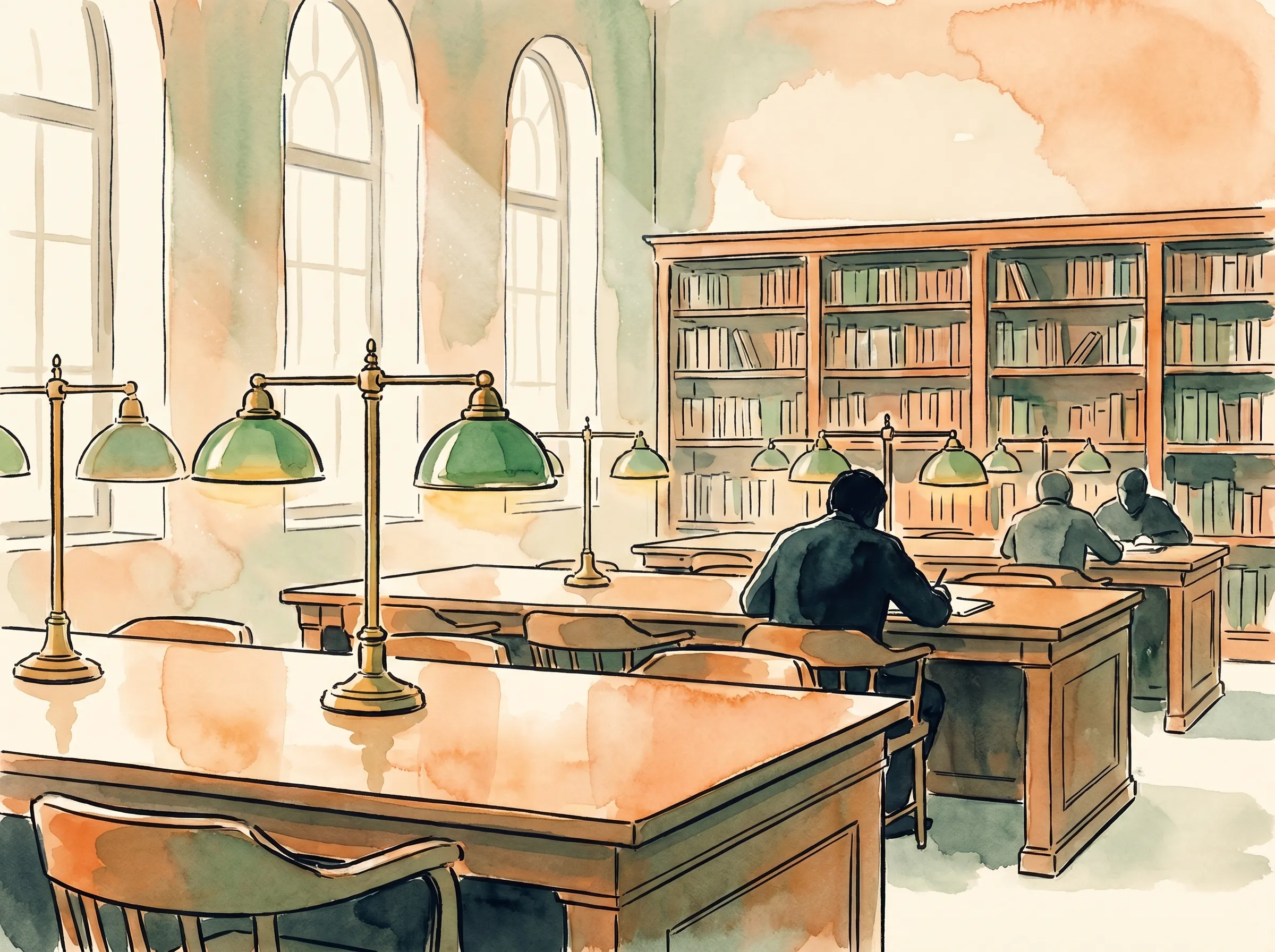 A classic American public library reading room — wooden tables, brass desk lamps with green glass shades, and tall bookshelves under arched windows, painted in ink and watercolor.