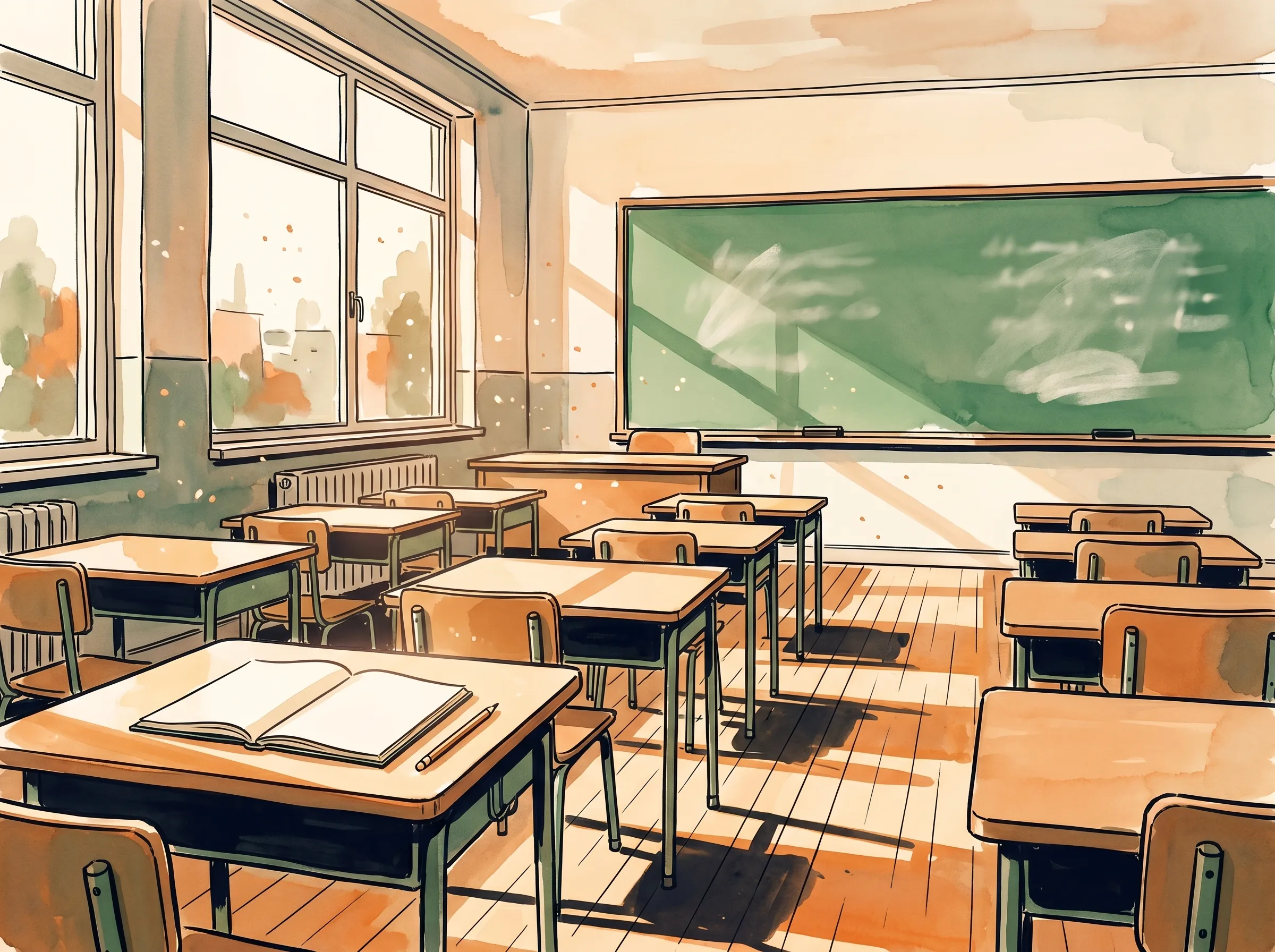 An empty mid-century American classroom in late afternoon, with long sun bars across rows of wooden student desks and an open notebook on one desk by the window, painted in ink and watercolor.