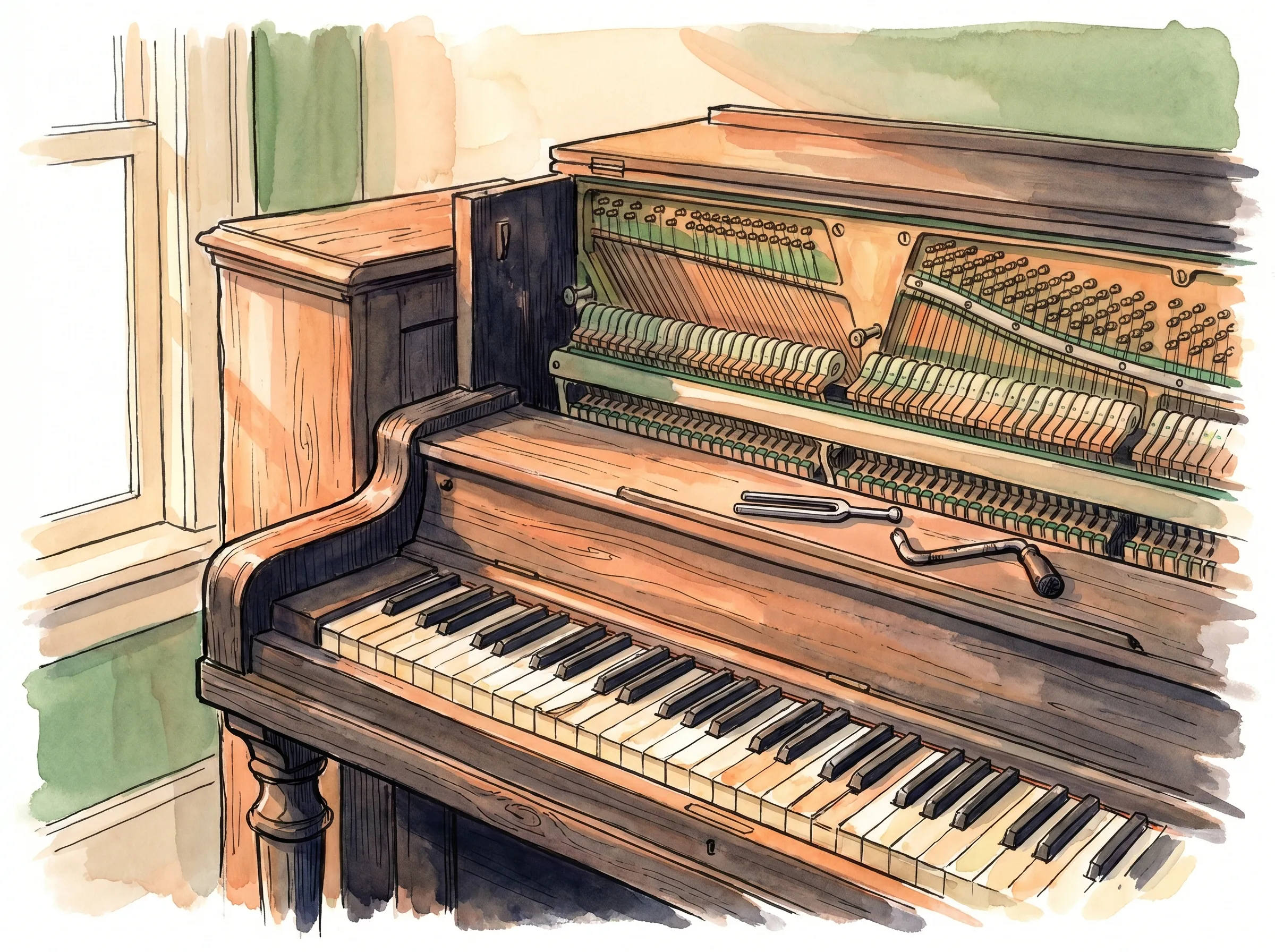 ภาพวาดสีน้ำและหมึก รูปเปียโนอัปไรต์เก่าที่เปิดฝาด้านบนออกให้เห็นสายและค้อนสักหลาด มีส้อมเสียงวางอยู่บนคีย์เปียโนที่สึกหรอ อาบแสงแดดอุ่นจากหน้าต่าง