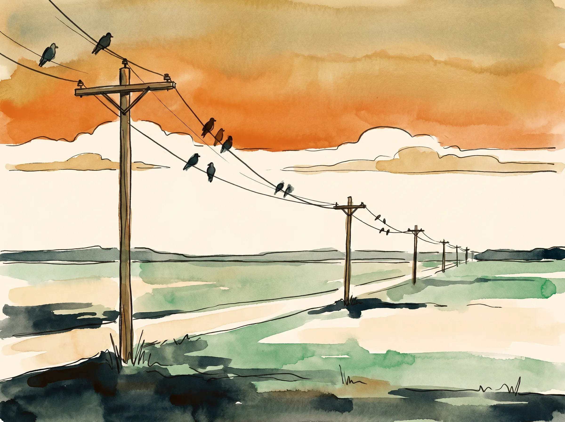 Telephone and power lines strung pole to pole across a wide American plains sky at dusk, the wires sagging toward the horizon with small birds perched along them, a deep orange sky behind, painted in ink and watercolor.