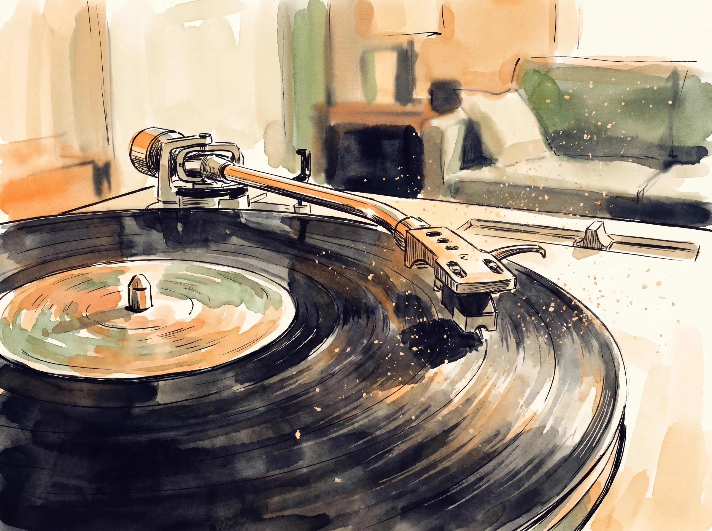 An extreme close view of a vintage turntable with the tonearm lowered and the stylus riding the spiral groove of a spinning record in warm golden light, the record label turned away and unreadable, painted in ink and watercolor.