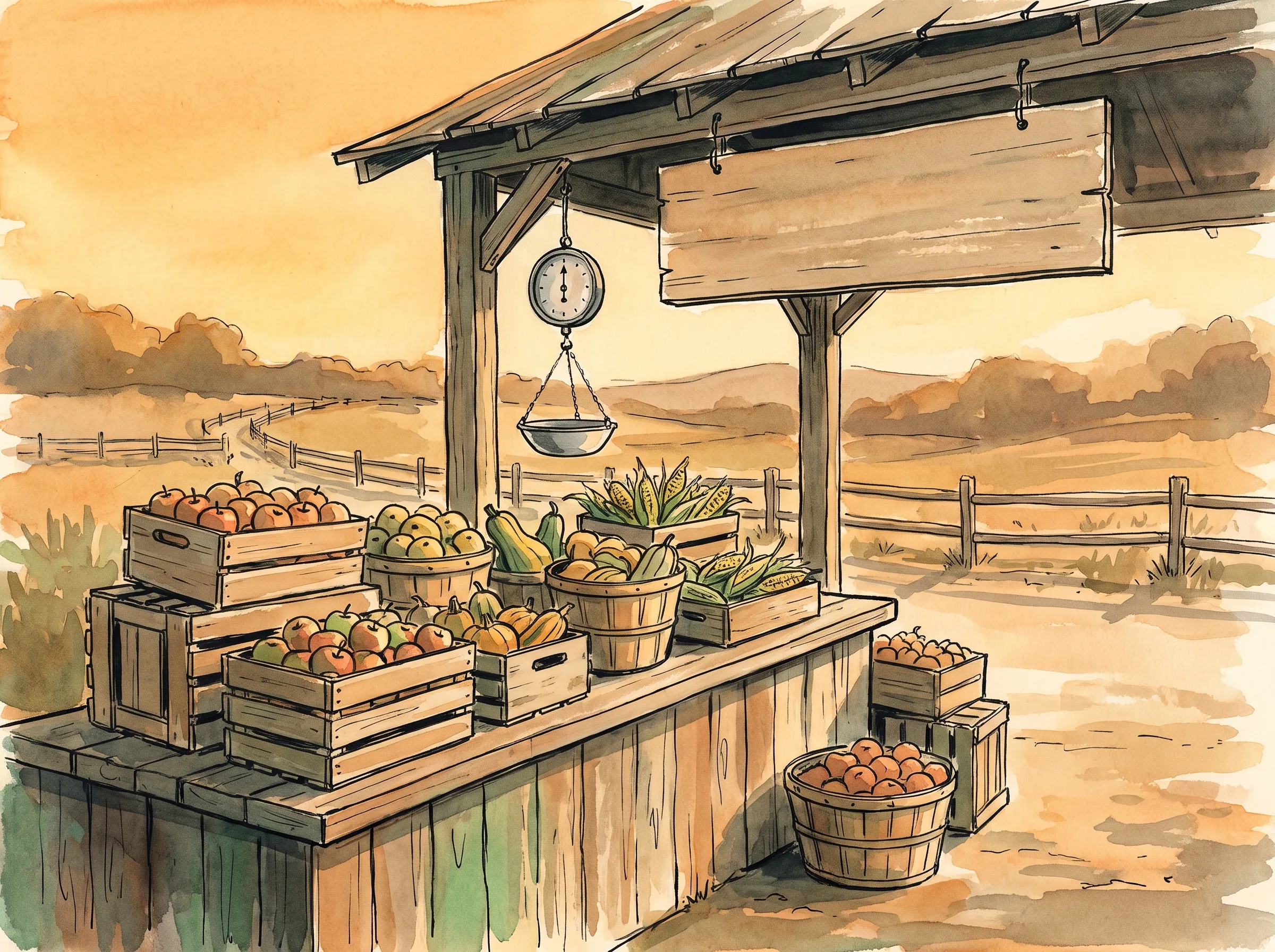 A weathered American roadside farm stand at golden hour, wooden crates and bushel baskets of apples, squash, and corn stacked in uneven rows, a hanging tin scale and a blank hand-lettered sign above the counter, fields and a split-rail fence softening into warm shadow behind, painted in ink and watercolor.