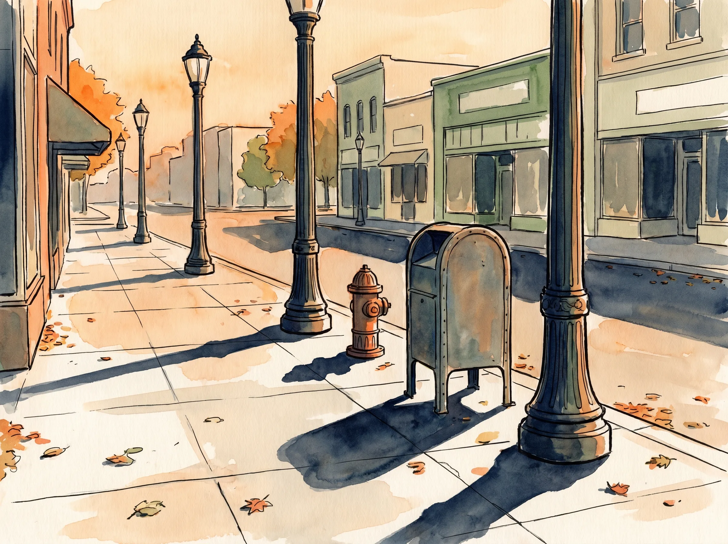 Uma calçada tranquila de uma pequena cidade americana na luz dourada do fim de tarde, uma fileira de postes, um hidrante e uma caixa de correio, cada um lançando uma longa e nítida sombra sobre o asfalto, pintada em nanquim e aquarela.