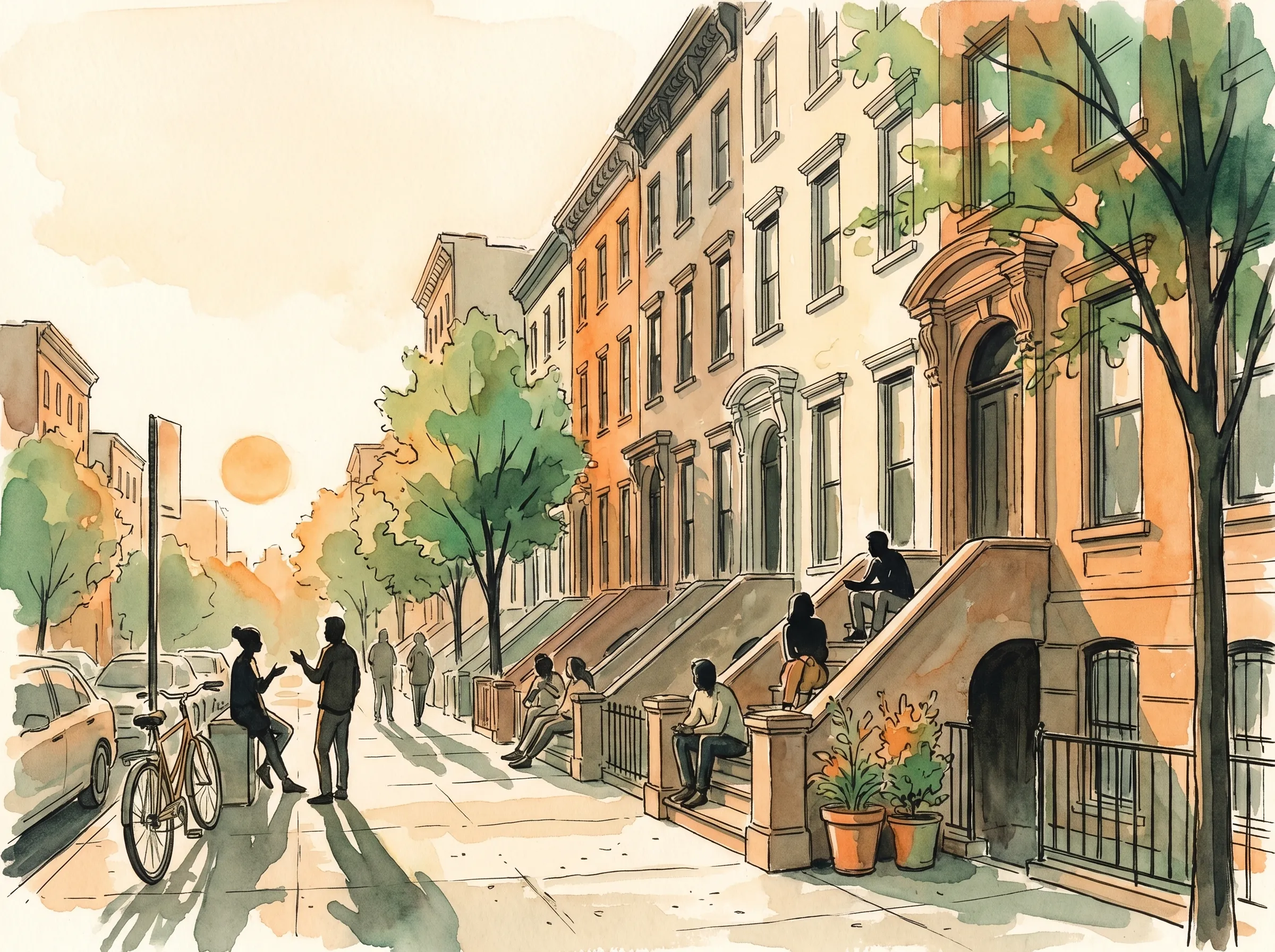 A row of warm brownstone front stoops along a tree-lined American city street at golden hour, long soft shadows across the sidewalk, painted in ink and watercolor.