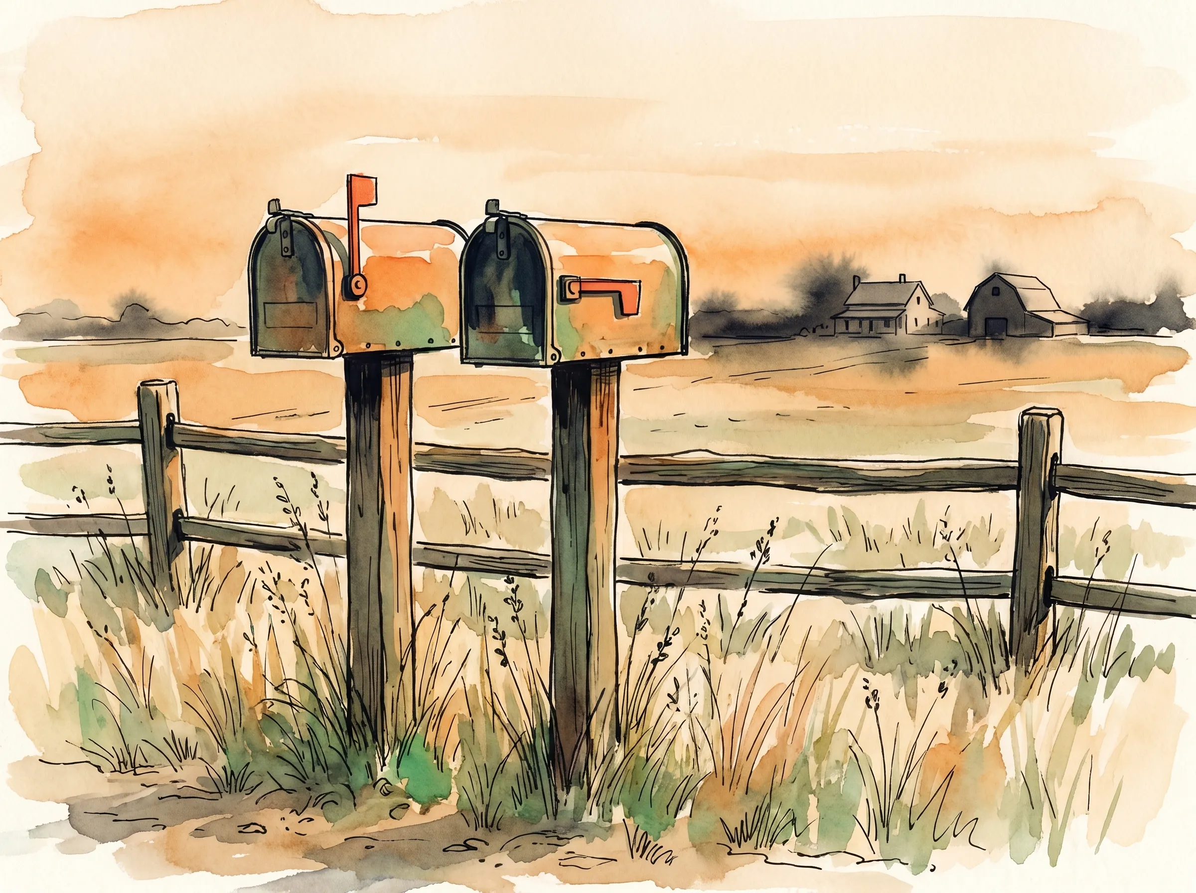 Two rural American roadside mailboxes on weathered wooden posts side by side at golden hour, nearly identical, one with its little red flag raised and the other lowered, painted in ink and watercolor.