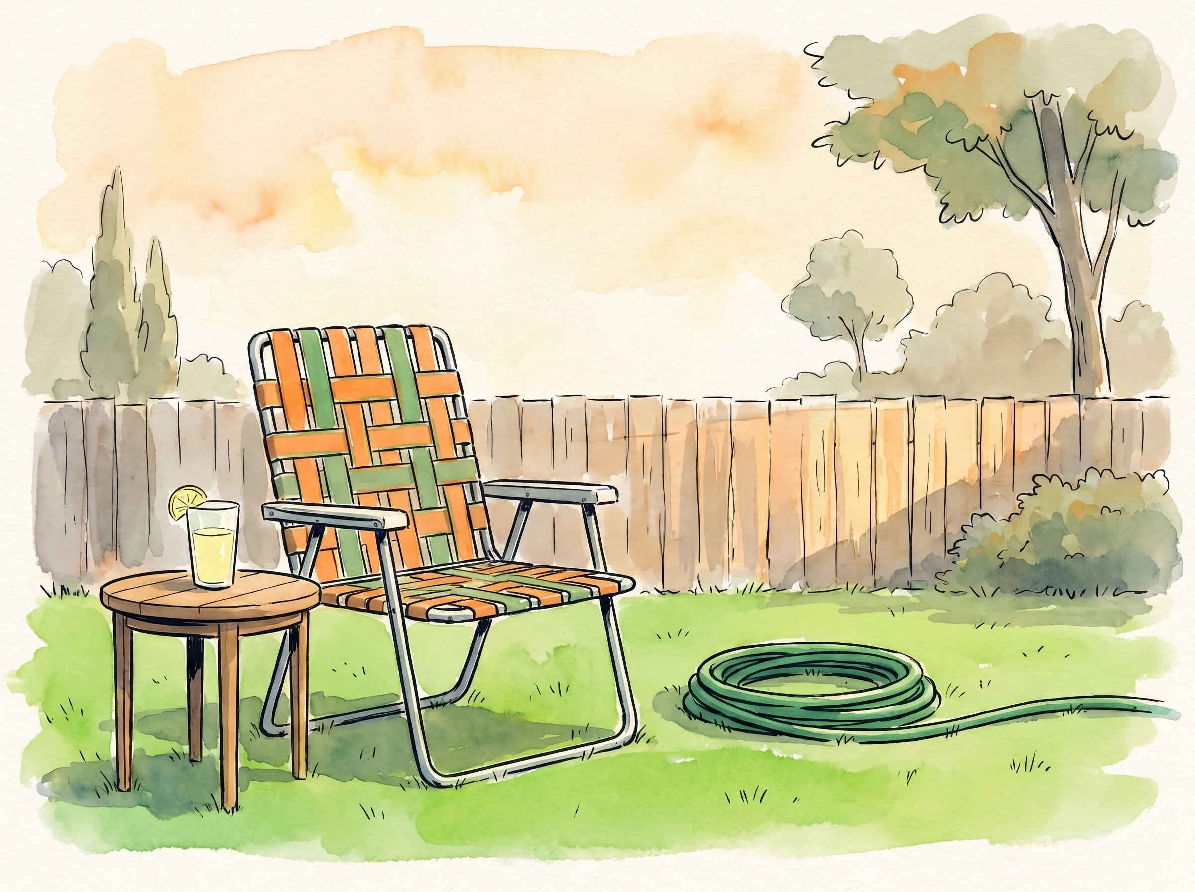 A sunny American backyard in late afternoon, a folding lawn chair and a half-full glass of lemonade on a small table, a garden hose coiled on bright green grass, and a wooden fence behind, painted in ink and watercolor.