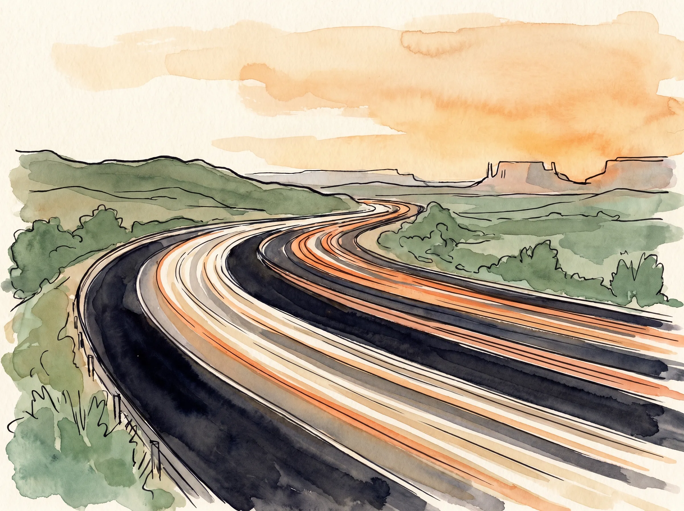 A long American highway curving through open country at dusk, the headlights and taillights of fast traffic drawn into continuous ribbons of warm orange and white light streaking around the bend, green hills and a distant mesa in soft silhouette beneath a cream-and-orange sky, painted in ink and watercolor.