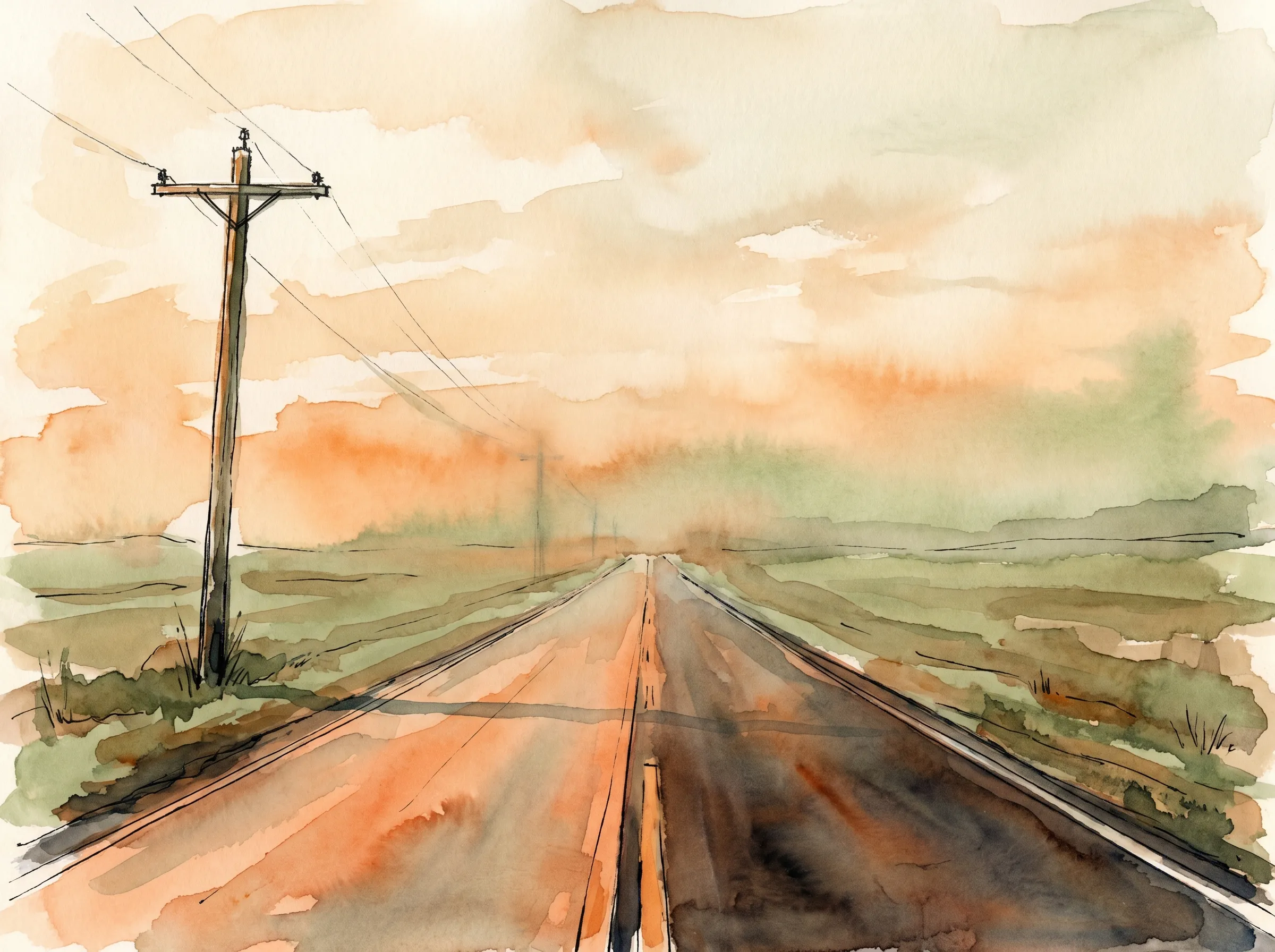 A long straight American country road at dusk seen head-on, the asphalt narrowing toward a vanishing point where the last of it dissolves into warm orange haze on the horizon, low fields and a lone telephone pole on either side, painted in ink and watercolor.